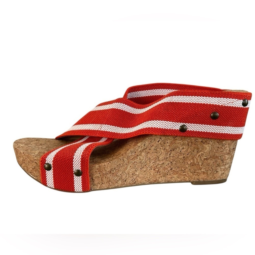 Lucky Brand Miller Platform Orange/White Stripe High Cork Wedge Sz 10